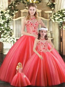Coral Red Lace Up Sweet 16 Dress Embroidery Sleeveless Floor Length