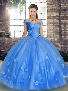 Comfortable Sleeveless Floor Length Beading and Appliques Lace Up 15 Quinceanera Dress with Baby Blue
