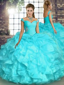 Excellent Floor Length Aqua Blue 15 Quinceanera Dress Organza Sleeveless Beading and Ruffles