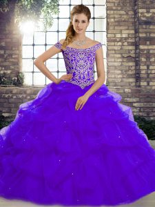 Sleeveless Beading and Pick Ups Lace Up 15 Quinceanera Dress with Purple Brush Train