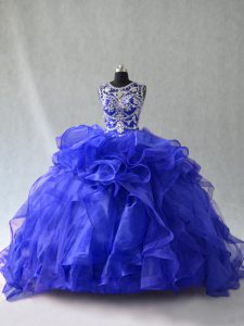 Custom Designed Scoop Sleeveless Lace Up Quinceanera Gowns Royal Blue Organza