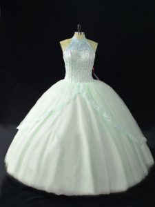 Apple Green Tulle Lace Up Halter Top Sleeveless Floor Length Sweet 16 Quinceanera Dress Beading