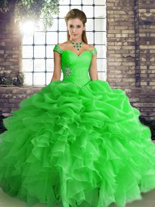Sleeveless Floor Length Beading and Ruffles and Pick Ups Lace Up Sweet 16 Dresses with Green