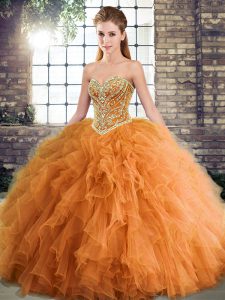 Fashion Orange Sleeveless Floor Length Beading and Ruffles Lace Up Quince Ball Gowns