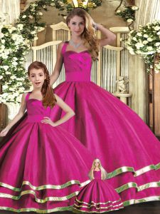 Fantastic Sleeveless Tulle Floor Length Lace Up Quinceanera Dress in Fuchsia with Ruffled Layers