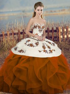 Most Popular Floor Length Lace Up 15th Birthday Dress Rust Red for Military Ball and Sweet 16 and Quinceanera with Embroidery and Ruffles and Bowknot