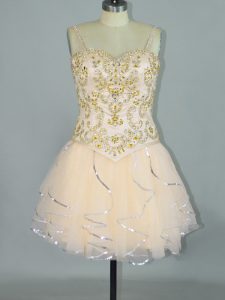 Champagne Prom Evening Gown Prom and Party with Beading and Ruffles Spaghetti Straps Sleeveless Lace Up
