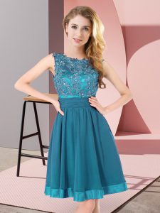 Teal Sleeveless Mini Length Beading and Appliques Backless Dama Dress for Quinceanera