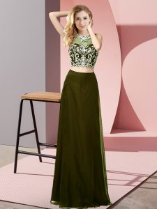 High End Floor Length Backless Prom Gown Olive Green for Prom and Party with Beading