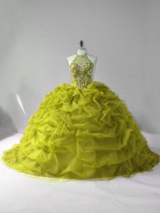 Olive Green Ball Gowns Beading and Pick Ups 15 Quinceanera Dress Lace Up Tulle Sleeveless