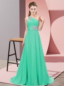 Beautiful Apple Green Sleeveless Floor Length Beading Lace Up Prom Evening Gown