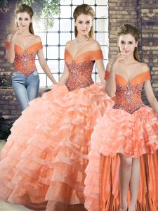 Peach Organza Lace Up Quince Ball Gowns Sleeveless Brush Train Beading and Ruffled Layers