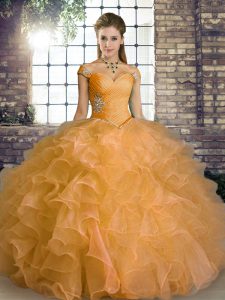 Beading and Ruffles Quince Ball Gowns Orange Lace Up Sleeveless Floor Length