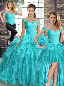 Exceptional Organza Off The Shoulder Sleeveless Brush Train Lace Up Beading and Ruffles Vestidos de Quinceanera in Aqua Blue