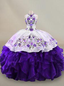 Fashionable White And Purple Halter Top Neckline Embroidery and Ruffles Sweet 16 Quinceanera Dress Long Sleeves Lace Up