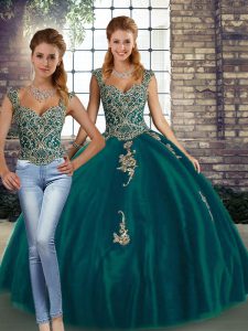 Floor Length Peacock Green 15 Quinceanera Dress Straps Sleeveless Lace Up