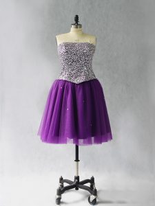 Sleeveless Tulle Mini Length Lace Up Prom Gown in Purple with Beading