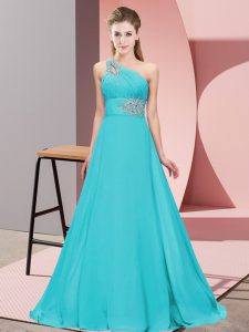 Custom Made Aqua Blue One Shoulder Neckline Beading Prom Dress Sleeveless Lace Up
