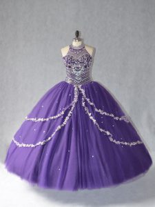 Cute Purple Sleeveless Tulle Lace Up Quince Ball Gowns for Sweet 16 and Quinceanera