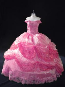 Latest Rose Pink Sleeveless Beading and Sequins Floor Length Quinceanera Gown