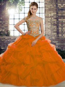 Rust Red Sleeveless Tulle Brush Train Lace Up Quinceanera Gowns for Military Ball and Sweet 16 and Quinceanera