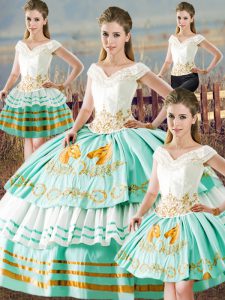 Simple Apple Green Ball Gowns Satin V-neck Sleeveless Embroidery and Ruffled Layers Floor Length Lace Up Quinceanera Gowns