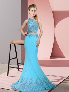 Aqua Blue Sleeveless Sweep Train Beading and Appliques Prom Gown