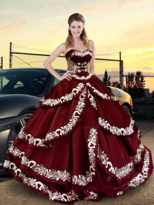 Captivating Floor Length Wine Red Sweet 16 Quinceanera Dress Satin Sleeveless Embroidery and Ruffled Layers