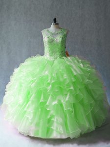 Scoop Sleeveless Organza 15th Birthday Dress Beading and Ruffles Lace Up