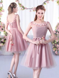 Super Pink A-line Appliques and Belt Damas Dress Lace Up Tulle Sleeveless Knee Length