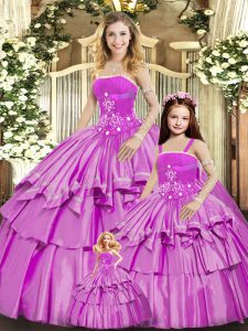 Inexpensive Lilac Ball Gowns Beading and Ruffled Layers Quinceanera Dress Lace Up Taffeta Sleeveless Floor Length