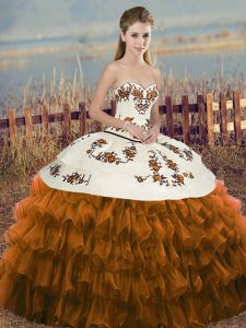 Popular Brown Ball Gowns Embroidery and Ruffled Layers and Bowknot 15th Birthday Dress Lace Up Organza Sleeveless Floor Length