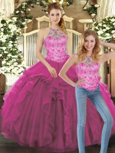 Floor Length Lace Up Vestidos de Quinceanera Fuchsia for Military Ball and Sweet 16 and Quinceanera with Beading and Ruffles