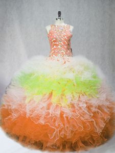 Tulle Sleeveless Floor Length 15th Birthday Dress and Beading and Ruffles