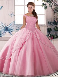 Stylish Rose Pink Sleeveless Tulle Brush Train Lace Up Quince Ball Gowns for Military Ball and Sweet 16 and Quinceanera