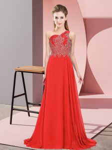 Orange Red One Shoulder Neckline Beading Juniors Evening Dress Sleeveless Side Zipper