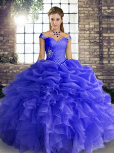 Spectacular Blue Sleeveless Organza Lace Up 15 Quinceanera Dress for Military Ball and Sweet 16 and Quinceanera