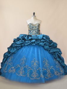 Blue Taffeta Lace Up Sweetheart Sleeveless Quince Ball Gowns Brush Train Beading and Pick Ups