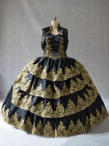 Fine Floor Length Black Sweet 16 Dresses Satin Sleeveless Embroidery