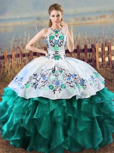 Halter Top Sleeveless Organza 15 Quinceanera Dress Embroidery and Ruffles Lace Up