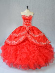 Sumptuous Organza Sweetheart Sleeveless Side Zipper Embroidery and Ruffles 15th Birthday Dress in Red