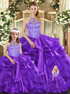 Purple Organza Lace Up Halter Top Sleeveless Floor Length Quince Ball Gowns Beading and Ruffles
