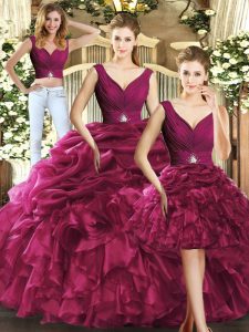 Excellent Organza V-neck Sleeveless Backless Ruffles and Pick Ups 15 Quinceanera Dress in Burgundy