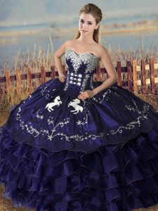 Purple Sleeveless Floor Length Embroidery and Ruffles Lace Up Quinceanera Gown