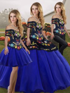 Sumptuous Sleeveless Floor Length Embroidery Lace Up 15th Birthday Dress with Royal Blue