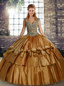 Brown Ball Gowns Beading and Ruffled Layers Sweet 16 Dress Lace Up Taffeta Sleeveless Floor Length