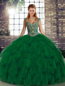 Exceptional Green Quinceanera Dresses Military Ball and Sweet 16 and Quinceanera with Beading and Ruffles Straps Sleeveless Lace Up