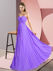 Lavender Chiffon Lace Up Sweetheart Sleeveless Floor Length Prom Gown Ruching