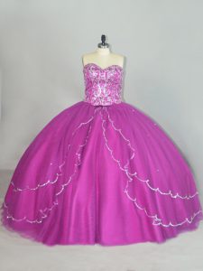 Fuchsia Sleeveless Beading and Sequins Lace Up Quince Ball Gowns