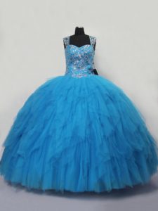 Straps Sleeveless Ball Gown Prom Dress Floor Length Beading and Ruffles Blue Tulle